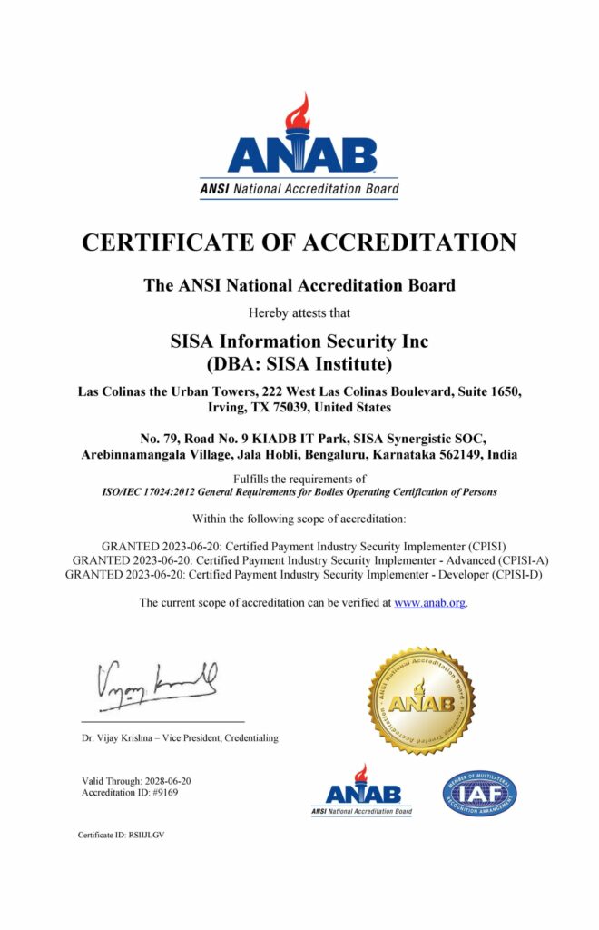 SISA's ANAB certificate of accreditation